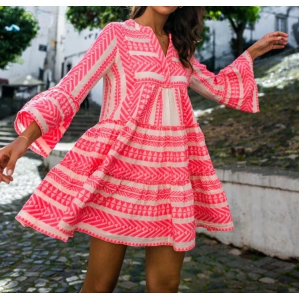 Devotion Twins Neon Pink White Embroidered Boho Tunic Dress Women's M Greek Mini